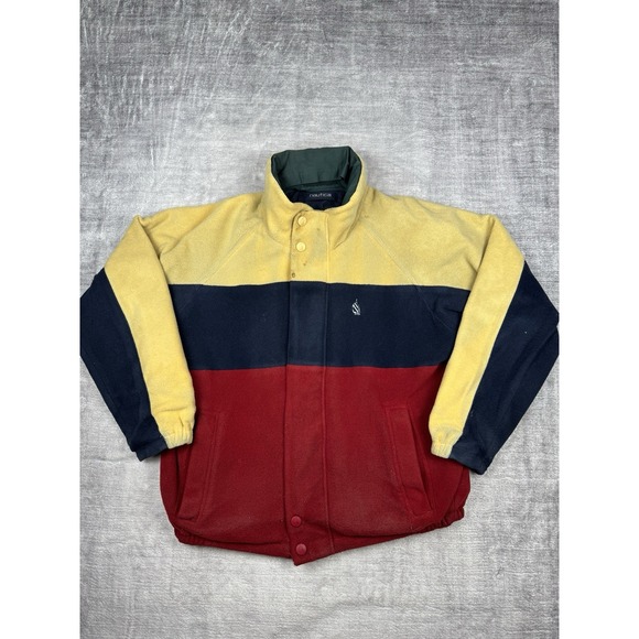 Vtg NAUTICA Jacket Men's XL Blue Full Zip Fleece Sailing‎ Striped Reversible 90s - Picture 2 of 16